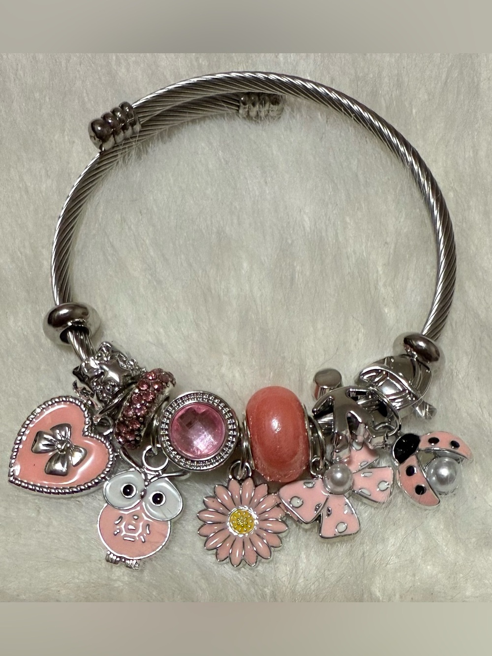 Stainless Steel Pink Charm Bangle Bracelet with Flower, Owl & Bow Charms